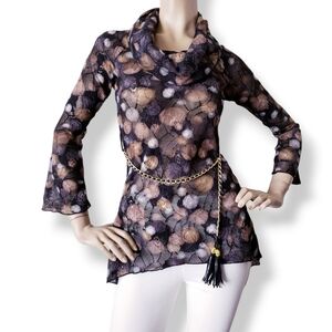 Just Me Brown & Black Dotted & Floral Sheer Knit Top W/ Tassel Chain Size Large